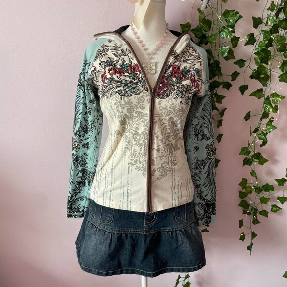 Static Tops - Y2K Printed & Stud Embellished Zip Up